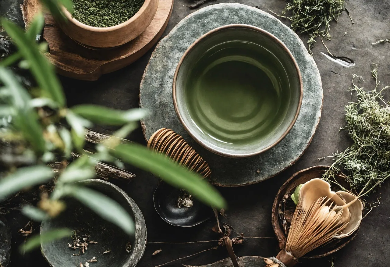 Un service à thé traditionnel avec de petites tasses, un bol de thé vert et un fouet en bambou